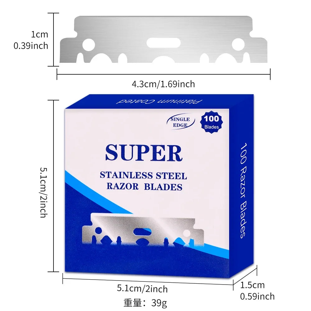 100-Pack Single-Sided Stainless Steel Razor Blades for Barbers