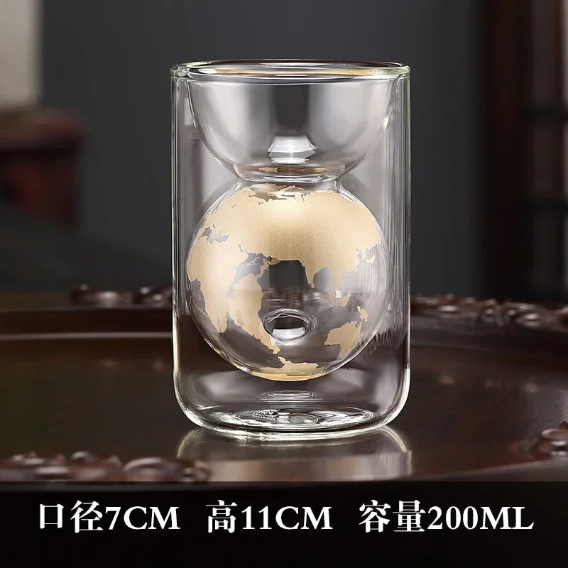 Double Layer Insulated Glass Water Cup Home Anti Scald Creative Earth Cup Men's and Women's High-end Personal Tea Cup Peaceful Pleasures Health and Wellness Gold 200ml
