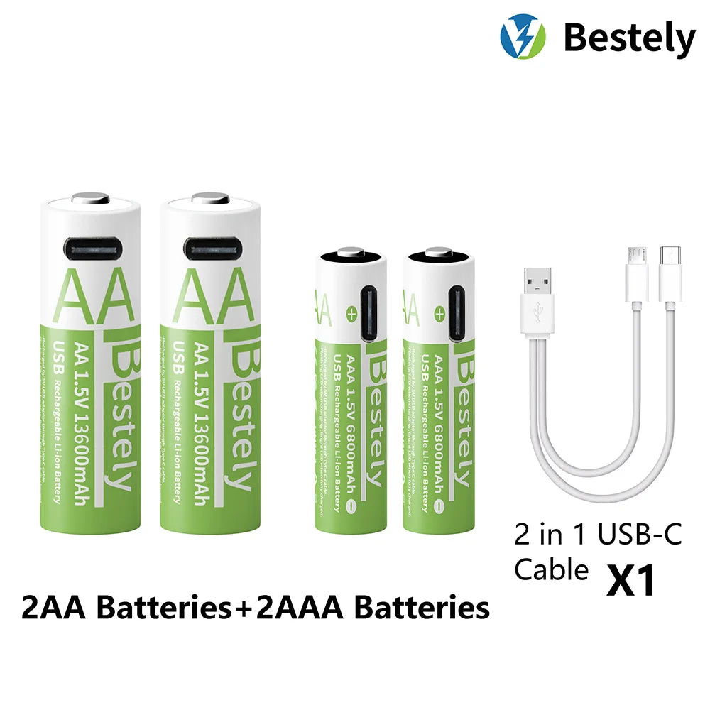 1.5V AA 13600mAh + AAA 6800mAh Rechargeable Lithium Battery Set with USB-C Fast Charging Type C Cable Peaceful Pleasures Health and Wellness 2AA 2AAA