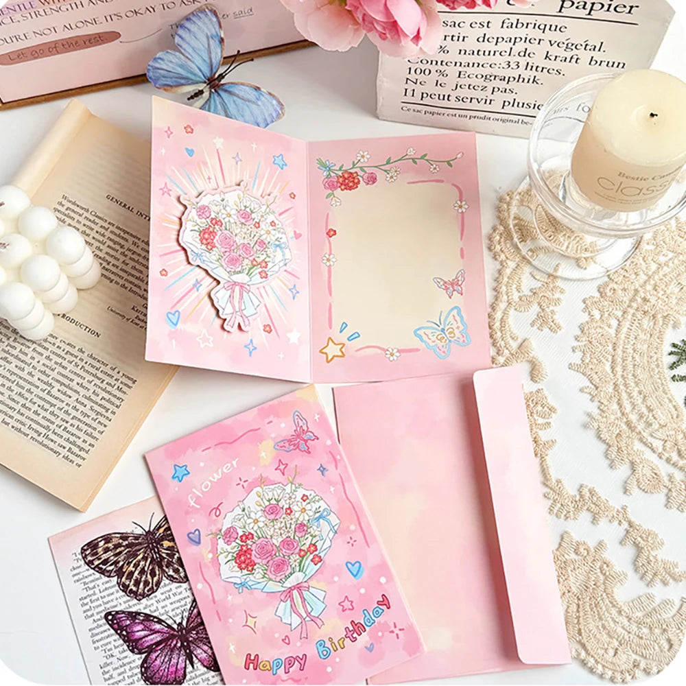 4 Sets Cartoon Flower Greeting Cards Envelopes 3D Foldable Blessing