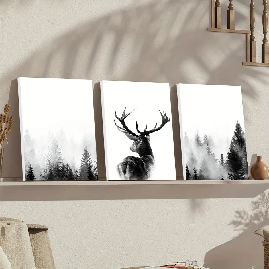 3-Piece Minimalist Deer & Nature Canvas Wall Art Set