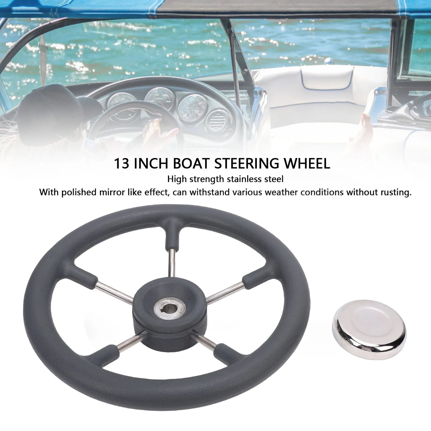 13" Stainless Steel Boat Steering Wheel | 5-Spoke Foam Grip