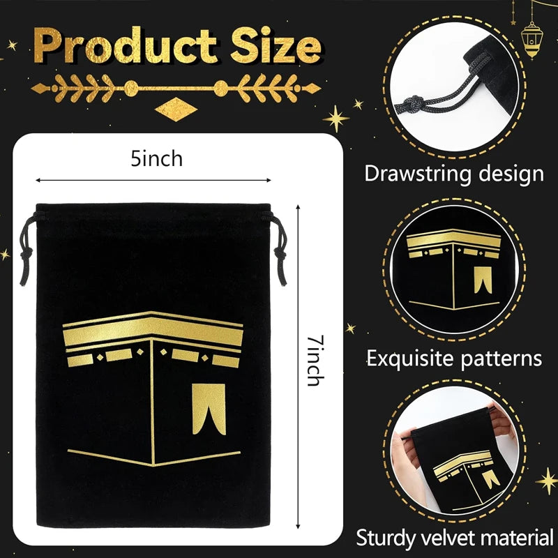 5-Pack Eid Mubarak Black Velvet Drawstring Gift Bags | Ramadan