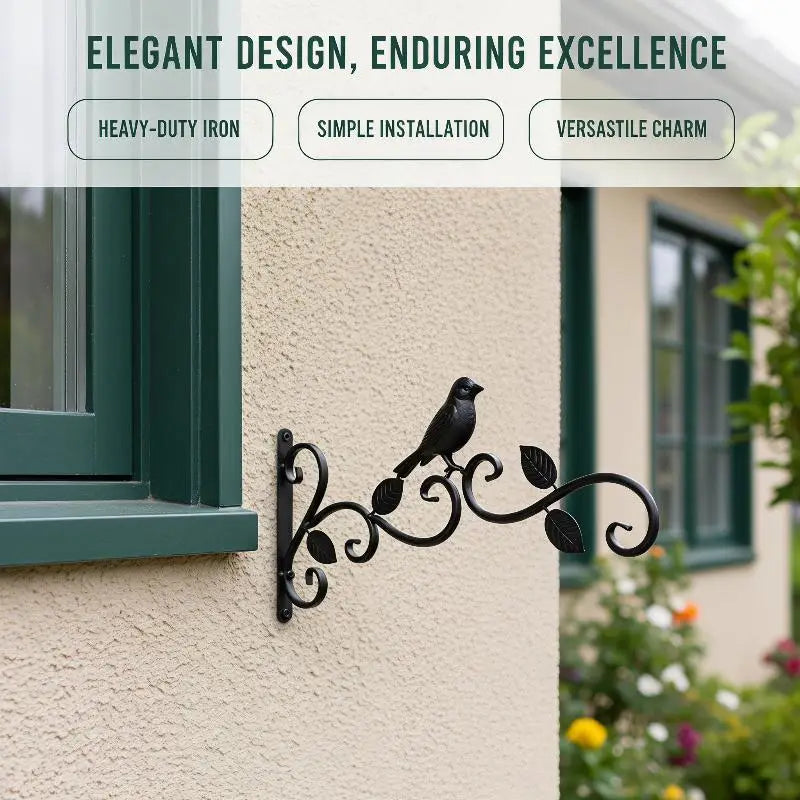 Wrought Iron Hanging Plant Bracket – Bird & Leaf Wall Decor