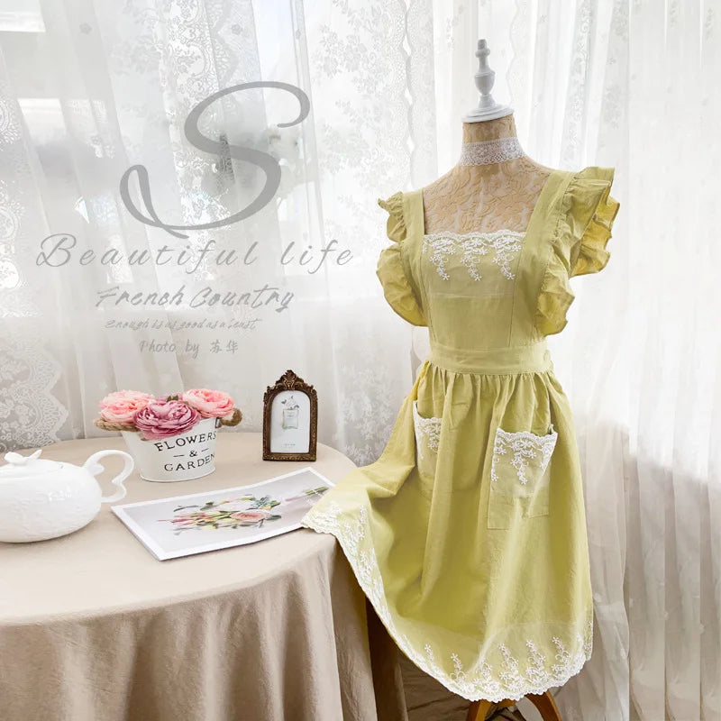 Pure Cotton Apron Floral Art All-cotton Garden Smock Princess Full-body Flower Shop Work Clothes Summer Linen Manicure Apron New Peaceful Pleasures Health and Wellness Cherry yellow