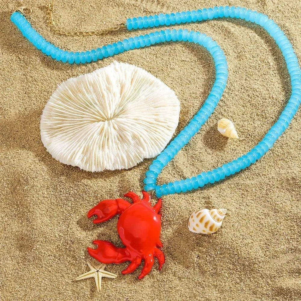 Beaded Crab Pendant Necklace – Boho Enamel Summer Jewelry