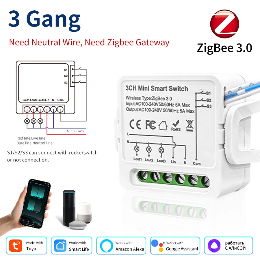 1/2/3 Gang Tuya ZigBee 3.0 Breaker Smart Switch 110V 220V Smart Home Relay Module Smart Life Voice Control For Alexa Google Home Peaceful Pleasures Health and Wellness 3CH 5A Zigbee Switch