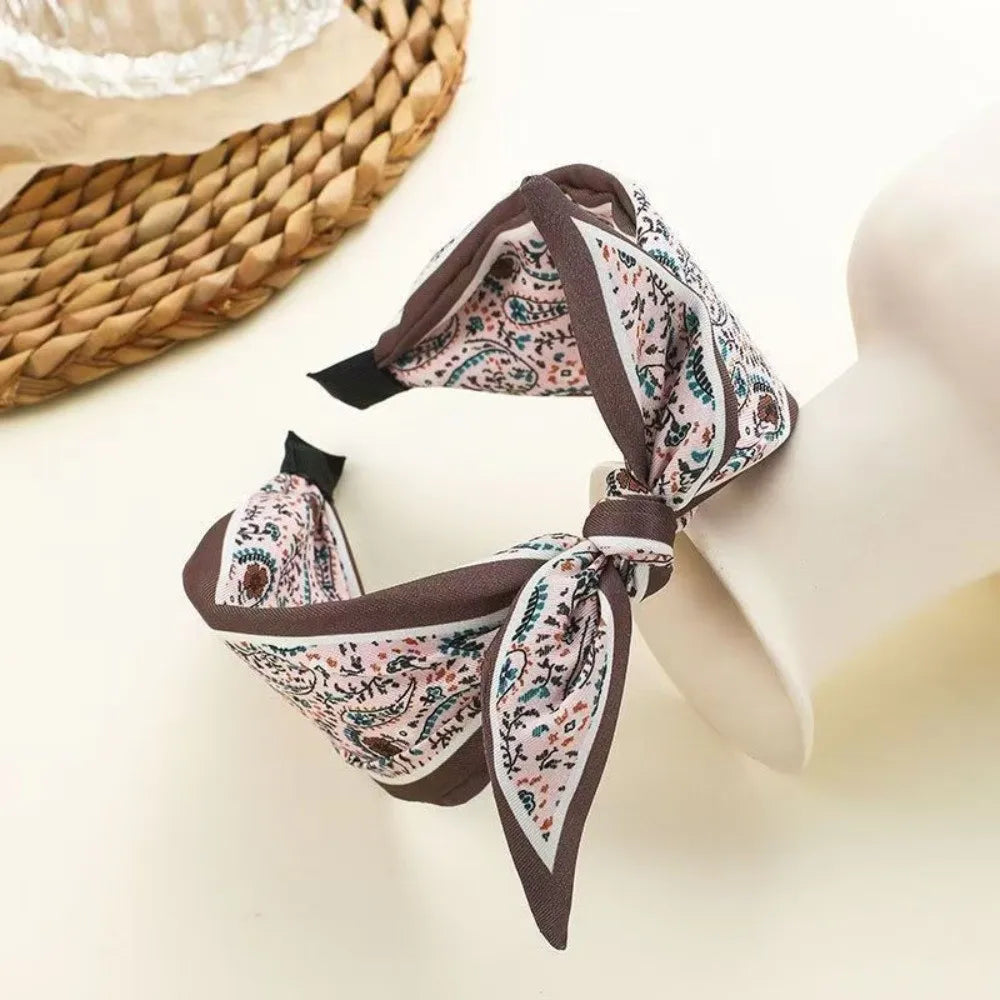 Wide Brim Bowknot Headband – Floral Paisley Elastic Hair Hoop