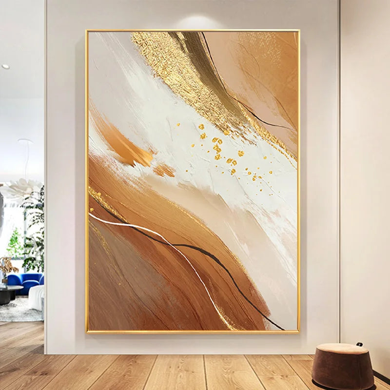 Abstract Hand-painted Canvas Oil Painting, Orange and Gold Foil, Decorative Porch Painting, Modern Luxury Peaceful Pleasures Health and Wellness