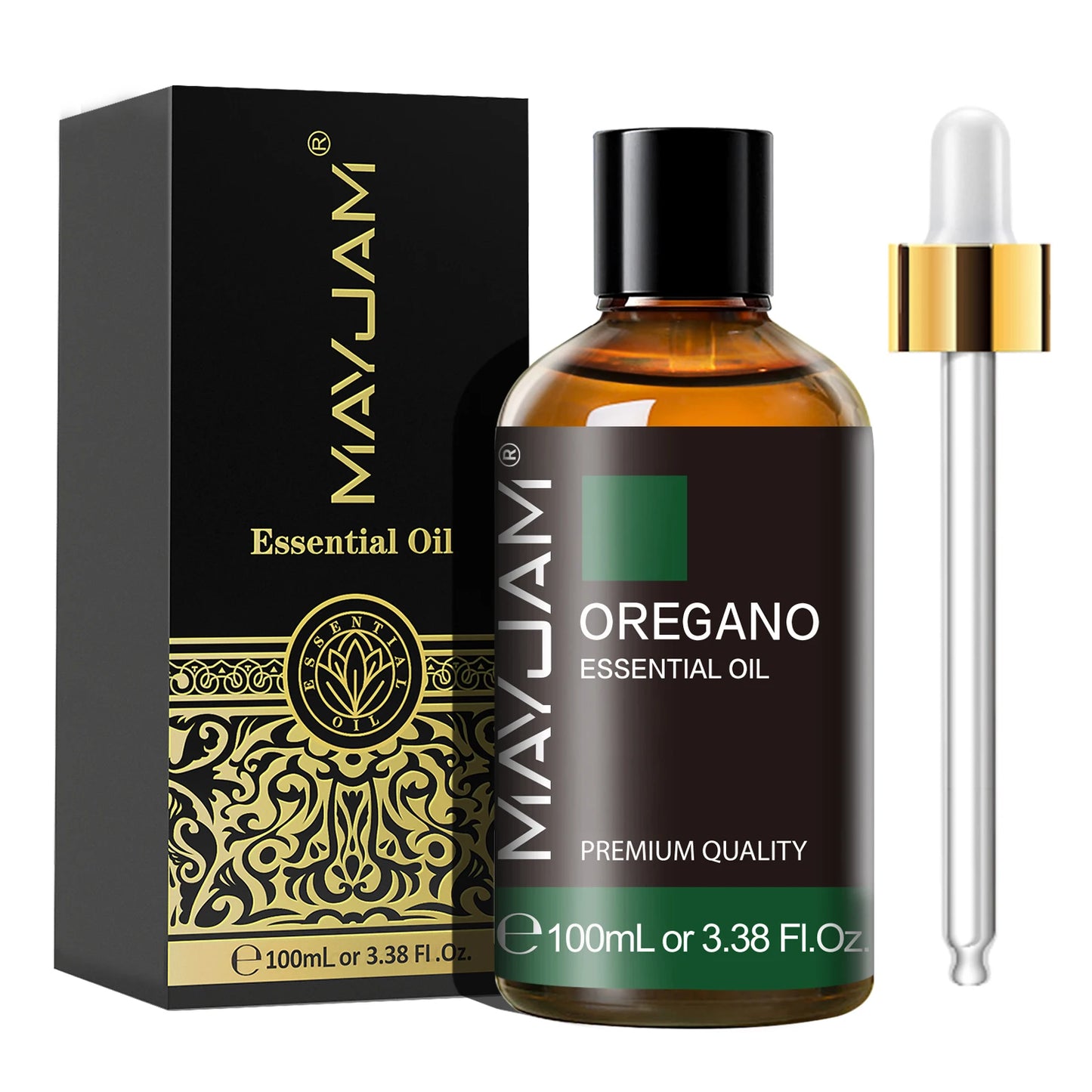 MayJam oregano essential oil bottle with dropper and packaging on a white background