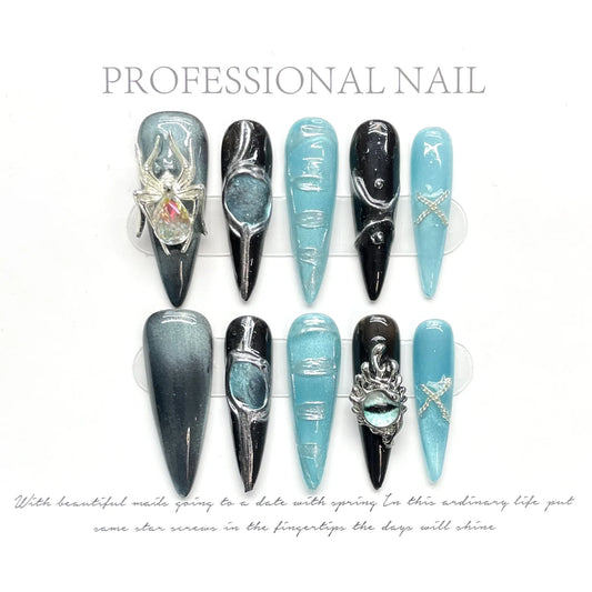 3D Spider Crystal Press-On Nails | Blue Cat Eye Gothic 10pcs Press-On Nail Set Peaceful Pleasures Health and Wellness S