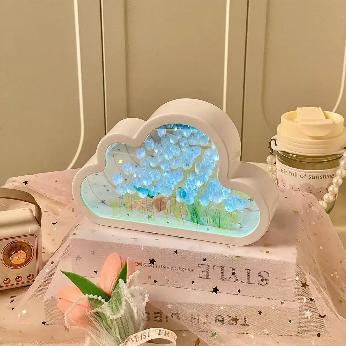 Cloud Tulip Nightlight DIY Handmade Mirror Material Package Romantic Flower Sea Atmosphere Light Desktop Ornament Creative Gifts Peaceful Pleasures Health and Wellness Blue