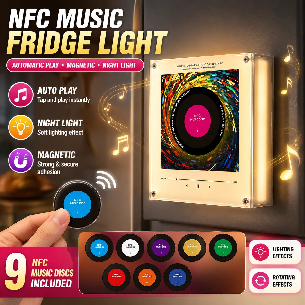 NFC Vinyl Mini Music Player – Fridge Magnet LED Night Light