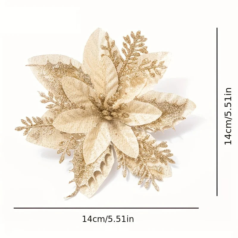 10pcs Christmas Gold Powder Christmas Flower Simulation Flower Christmas Decoration Flower Christmas Tree Decoration Peaceful Pleasures Health and Wellness