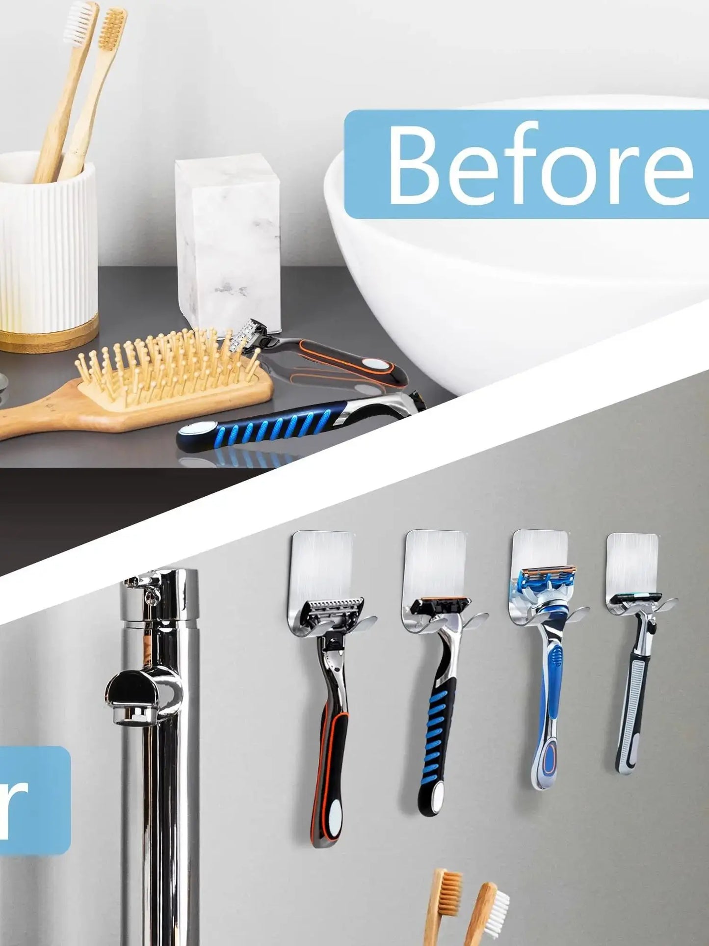 2-Pack Punch-Free Razor Holder & Adhesive Bathroom Hooks
