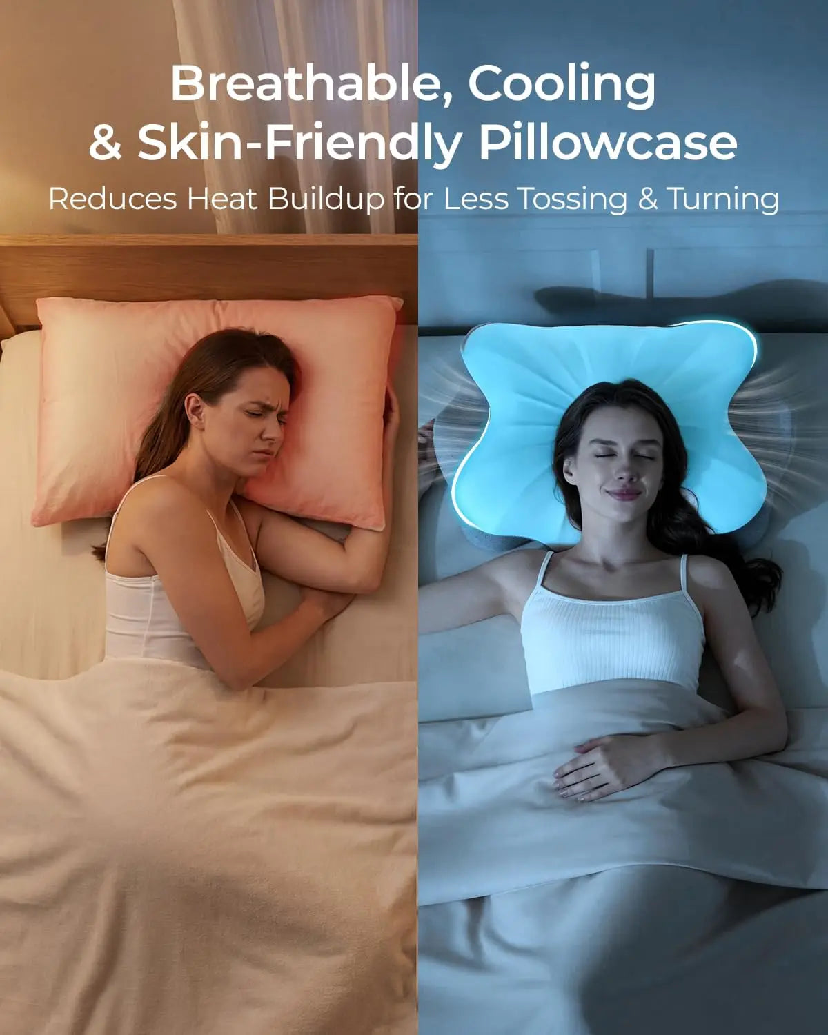 Woman sleeping with a breathable, cooling, and skin-friendly pillowcase on a bed.