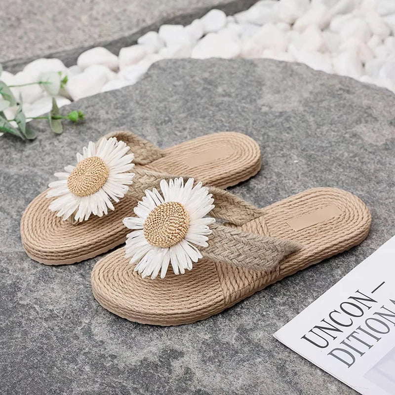 Women's Boho Straw Flip-Flop Beach Sandals | Flat Slippers