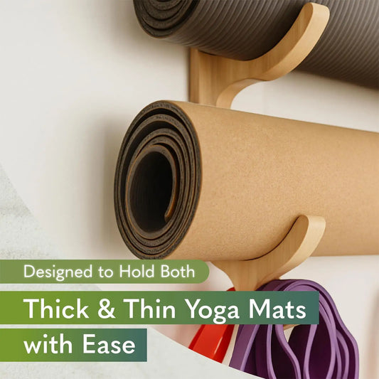 Wall Yoga Mat Holder Wooden Multifunctional With 4-Hook Yoga Mat Rack Wall Mount For Fitness Hoop Resistance Band Jump Ropes Gym Peaceful Pleasures Health and Wellness