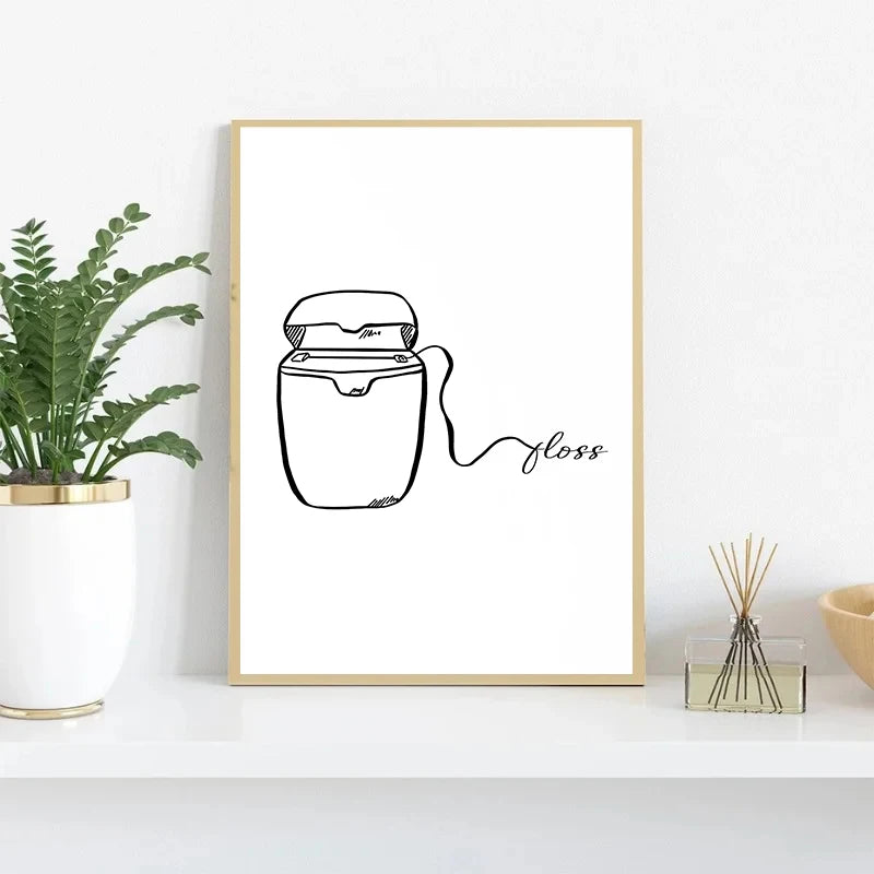 Minimalist Dentist Line Art Brush Floss Rinse Poster Canvas Painting Print Wall Art Picture Dental Clinic Office Decor Gift Peaceful Pleasures Health and Wellness