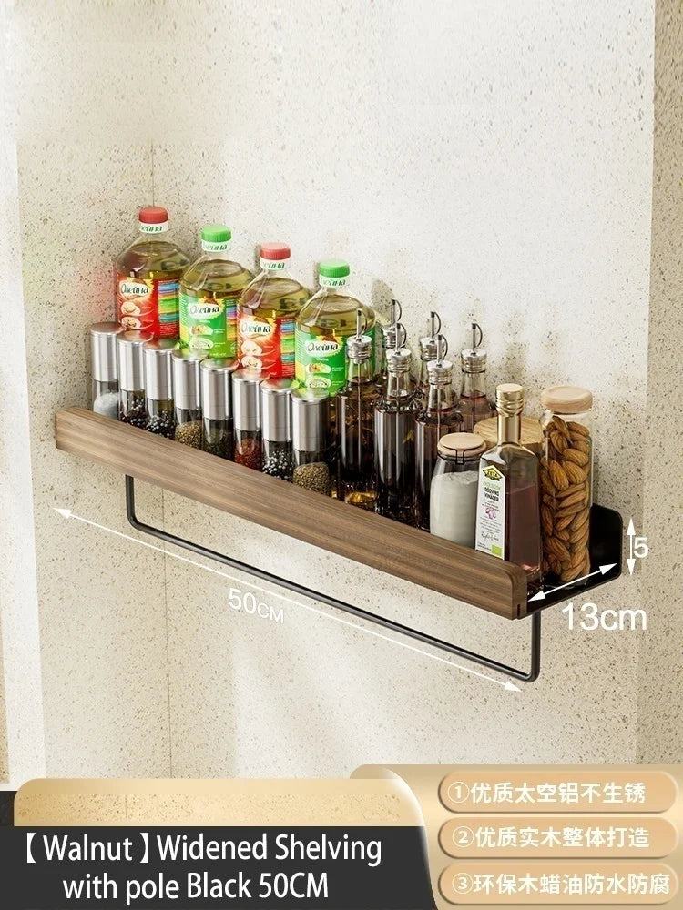 Wall-Mounted Wood & Aluminum Spice Rack with Hooks | Kitchen Organizer