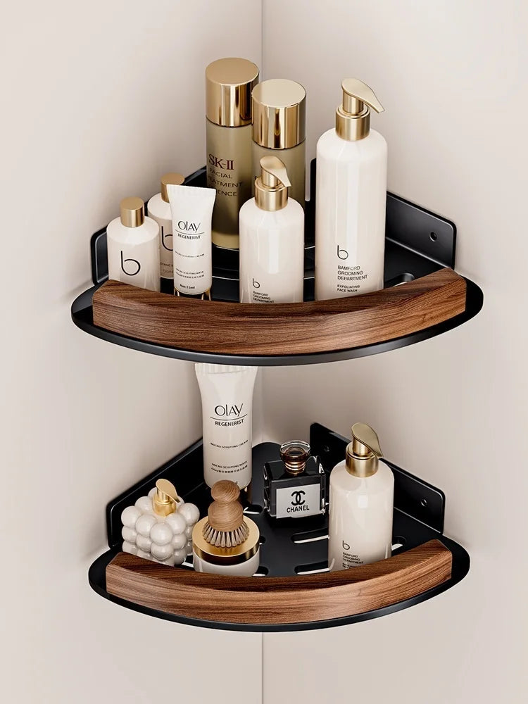 Wood & Aluminum Wall-Mounted Corner Shelf – Bathroom Organizer