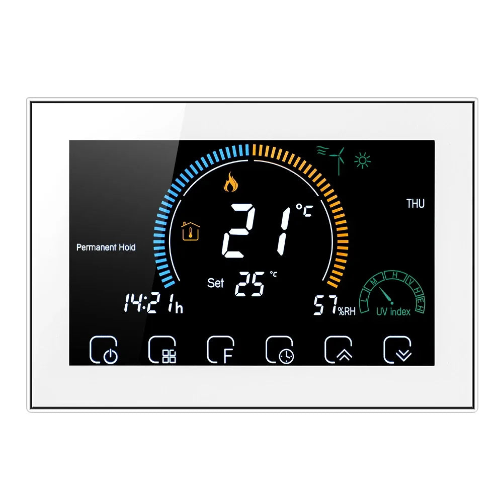 TUYA Wi-Fi Smart Large Colorful Screen Room Programmable Air Thermostat WIFI for Switch Heating Cooler Bridge Voice Alexa Peaceful Pleasures Health and Wellness White BHT8000GC(WITH WIFI)
