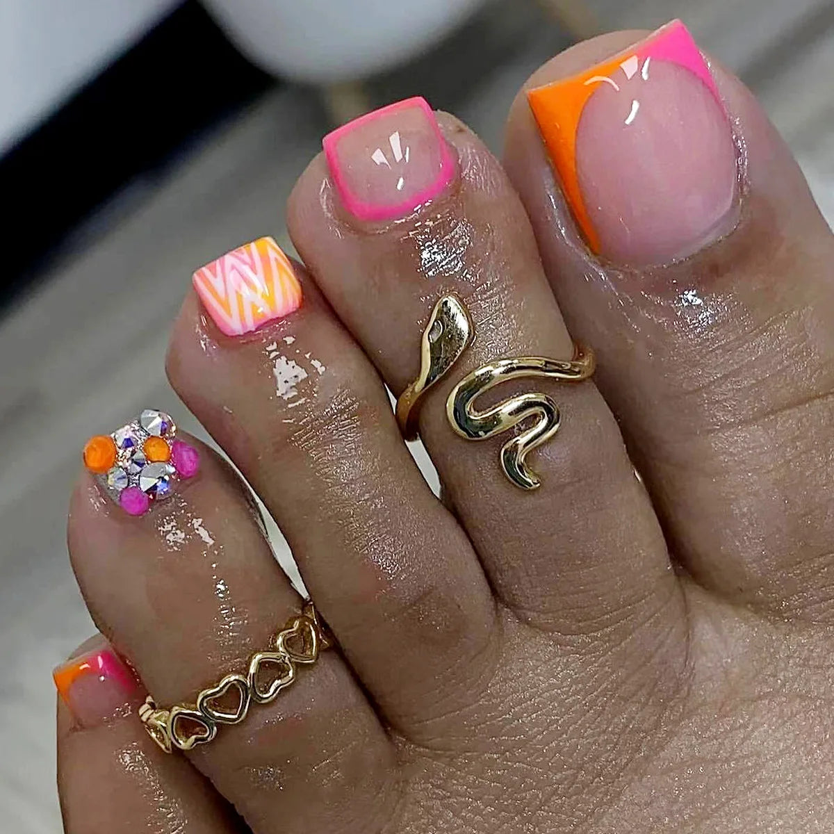 24pc French Press-On Toenails with Rhinestone – Fake Toe Nails
