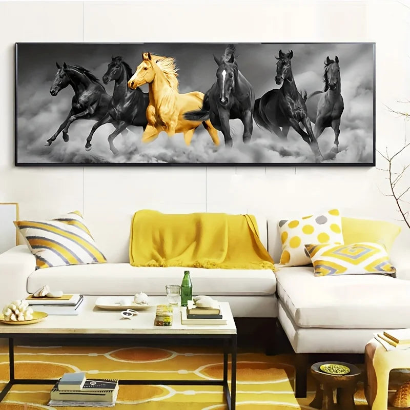 1pc, Golden Six Running Horses Canvas Painting Wall Art for Home Decor, and Bedroom Decor for Animal Lovers and Art Enthusiasts Peaceful Pleasures Health and Wellness