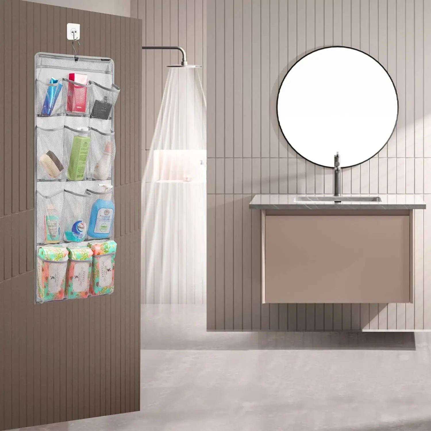 Quick-Dry Mesh Shower Organizer – 12 Pockets, 360° Rotating Hanger Peaceful Pleasures Health and Wellness