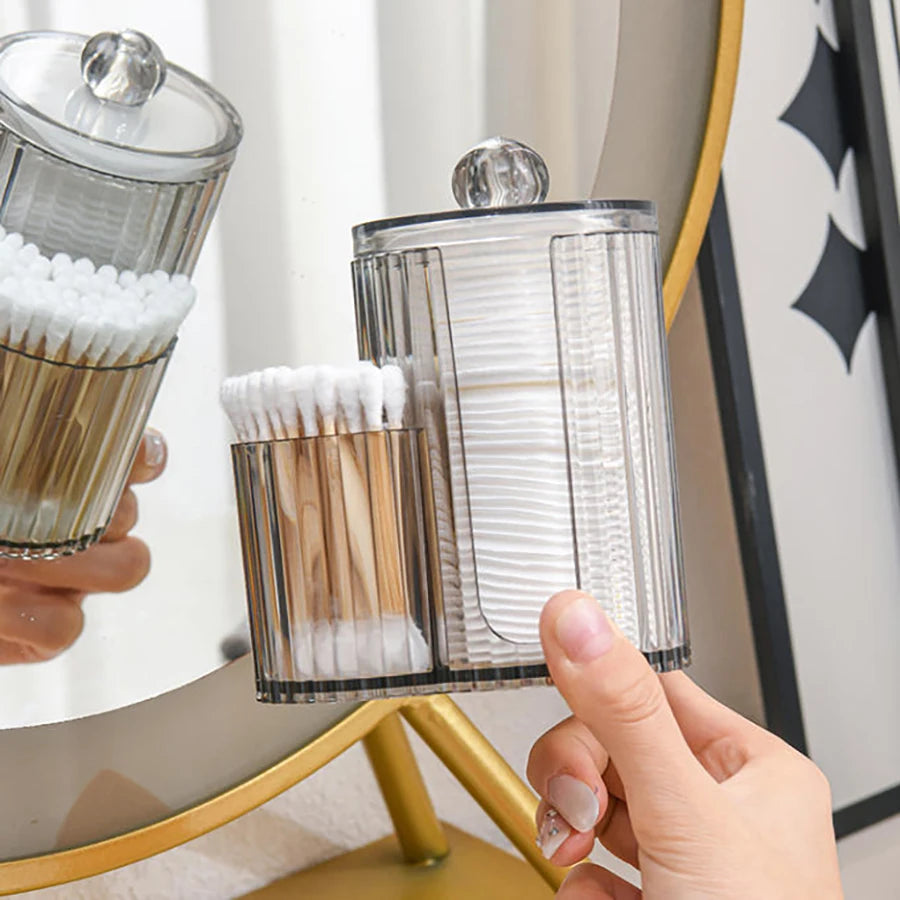2-Grid Q-tip & Cotton Ball Dispenser Canister – Plastic Vanity Organizer for Cotton Swabs, Rounds & Pads