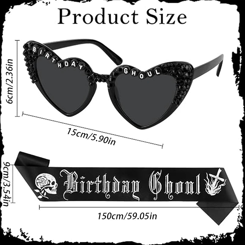 Birthday Ghoul Black Heart Sunglasses & Sash Set | Goth Party