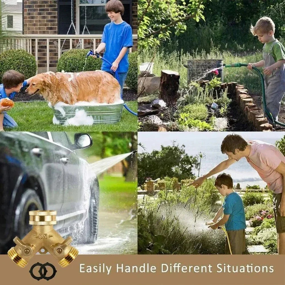 Brass Y-Shaped 2-Way Garden Hose Splitter with Valve Handle