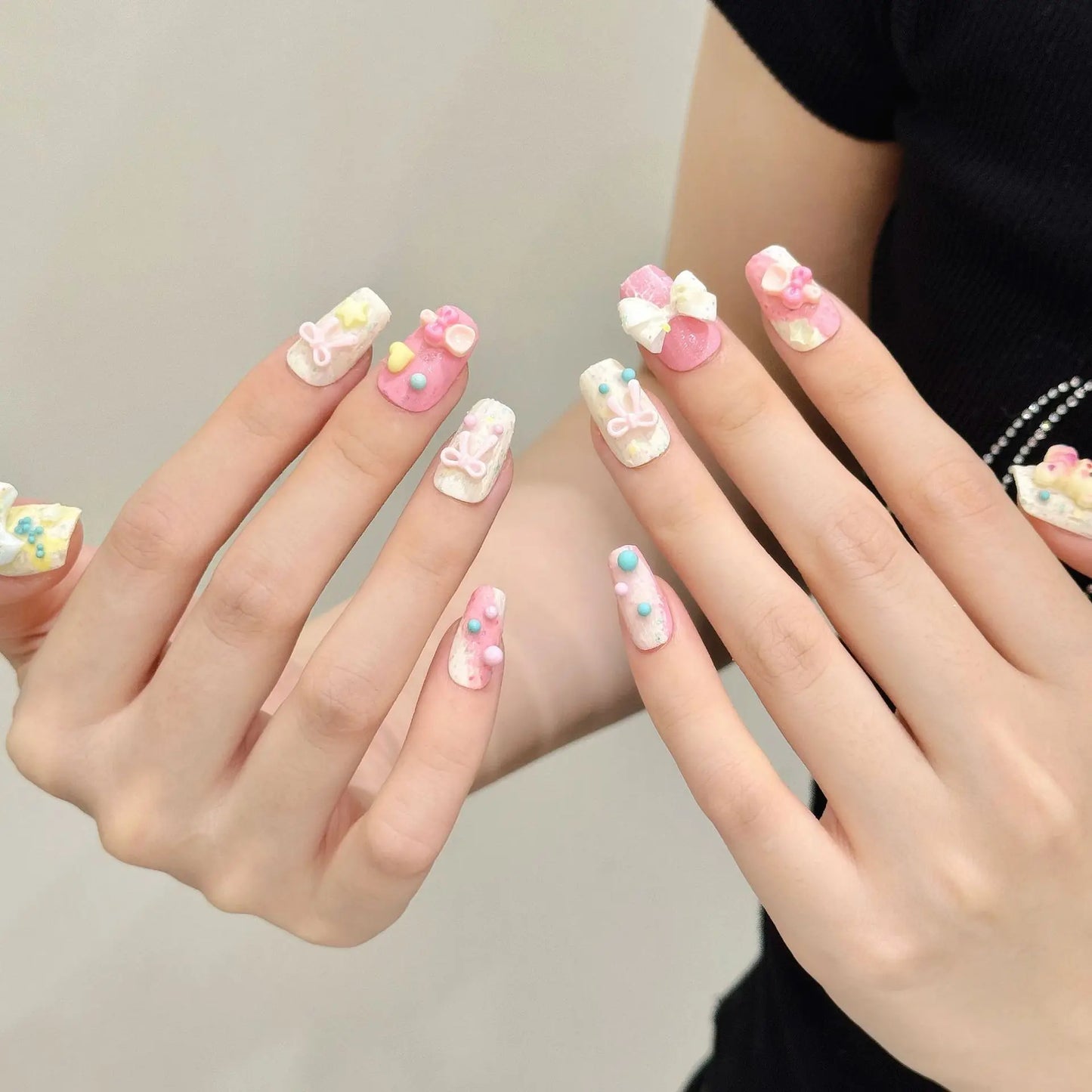 10pcs Handmade Pink Press on Nails Sweet Cute Strawberry Bow Decor Fake Nail Tips Wearable 3D Cute Rabbit Korean False Nails Peaceful Pleasures Health and Wellness