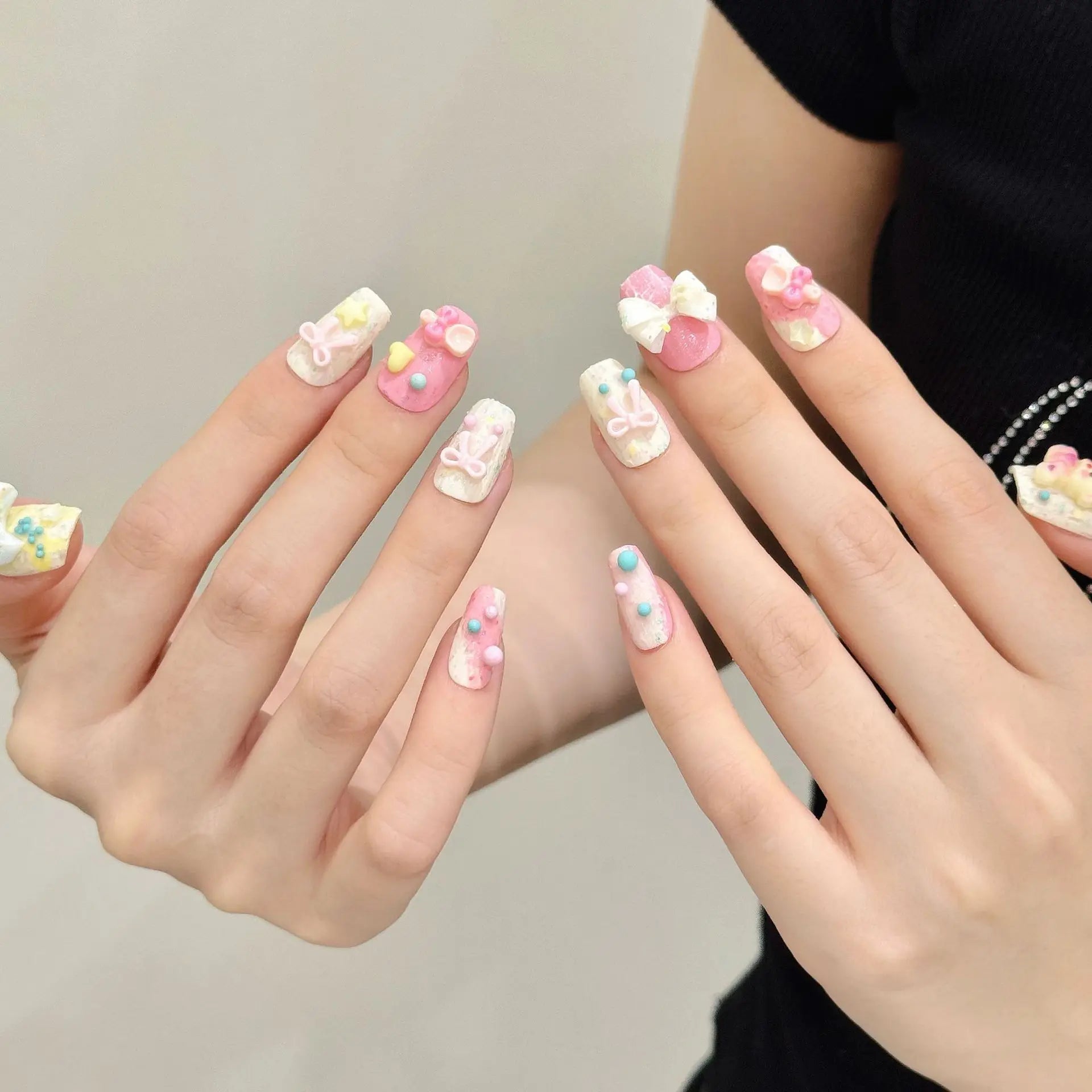 10pcs Handmade Pink Press on Nails Sweet Cute Strawberry Bow Decor Fake Nail Tips Wearable 3D Cute Rabbit Korean False Nails Peaceful Pleasures Health and Wellness