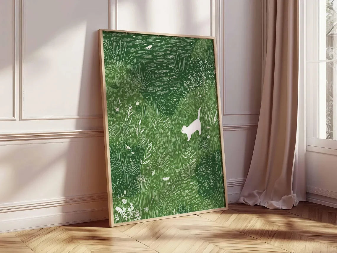 White Cat in Meadow Canvas Poster | Whimsical Animal Wall Art Canvas Wall Art Peaceful Pleasures Health and Wellness