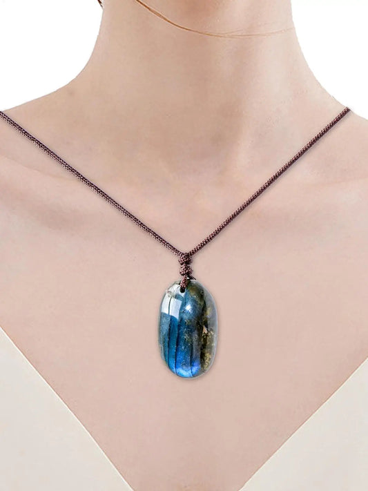 Blue Labradorite Moonstone Crystal Pendant Necklace | Boho Crystal Pendant Necklace Peaceful Pleasures Health and Wellness