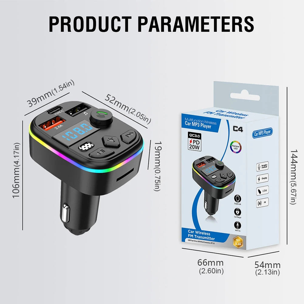 Bluetooth 5.3 FM Transmitter Car Charger – Dual USB & Type-C Peaceful Pleasures Health and Wellness