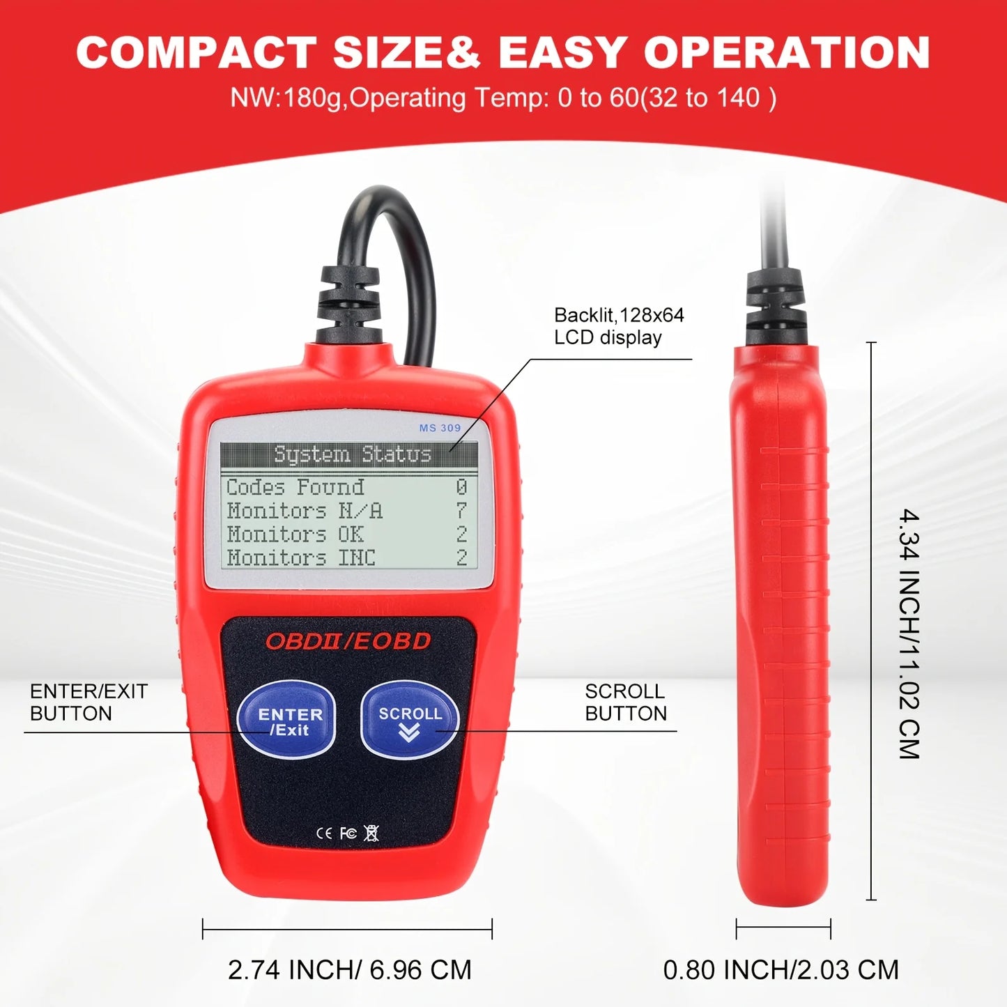 Obd2 Car Diagnostic Tool, Ms309 Obdii Eobd Fault Code Reader, Ecu Diagnostic Tool - with I/M 24000 Check Engine Light Reset Function, No Battery Required, Compact Design, Handheld Device, Car Diagnostics, Vehicle Owners, Auto Peaceful Pleasures Health and Wellness