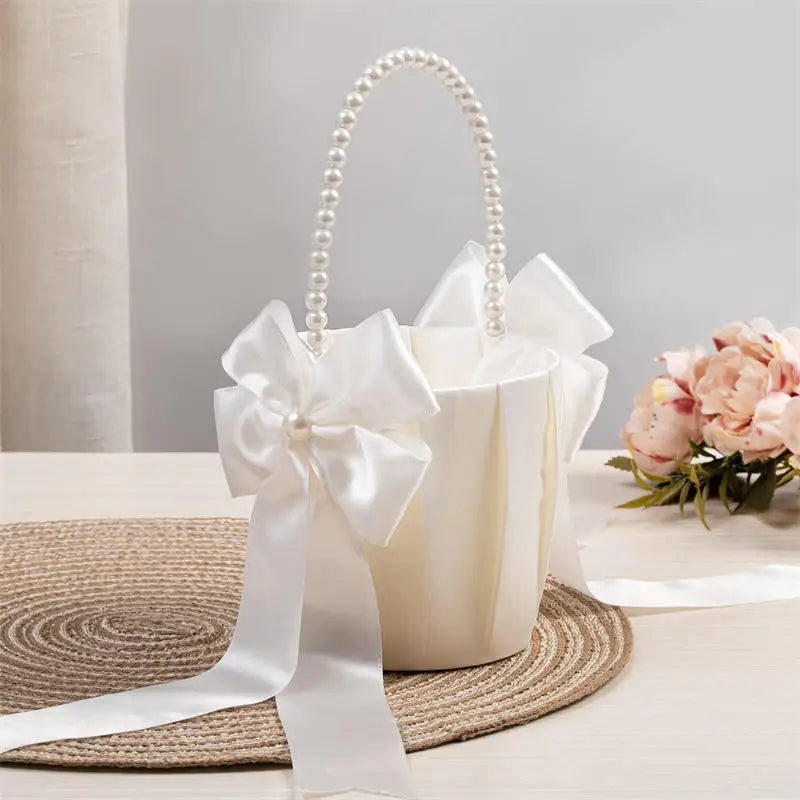 Wedding Flower Basket White Satin Pearl Bowknot Wedding Scattering Flower Basket Foldable Flower Women Pearl Handle Baskets Peaceful Pleasures Health and Wellness