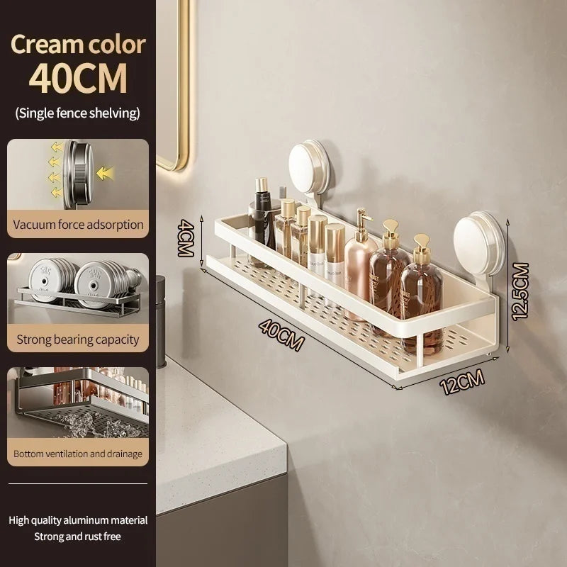 No-Drill Aluminum Bathroom Shelf | Suction Cup Wall Organizer