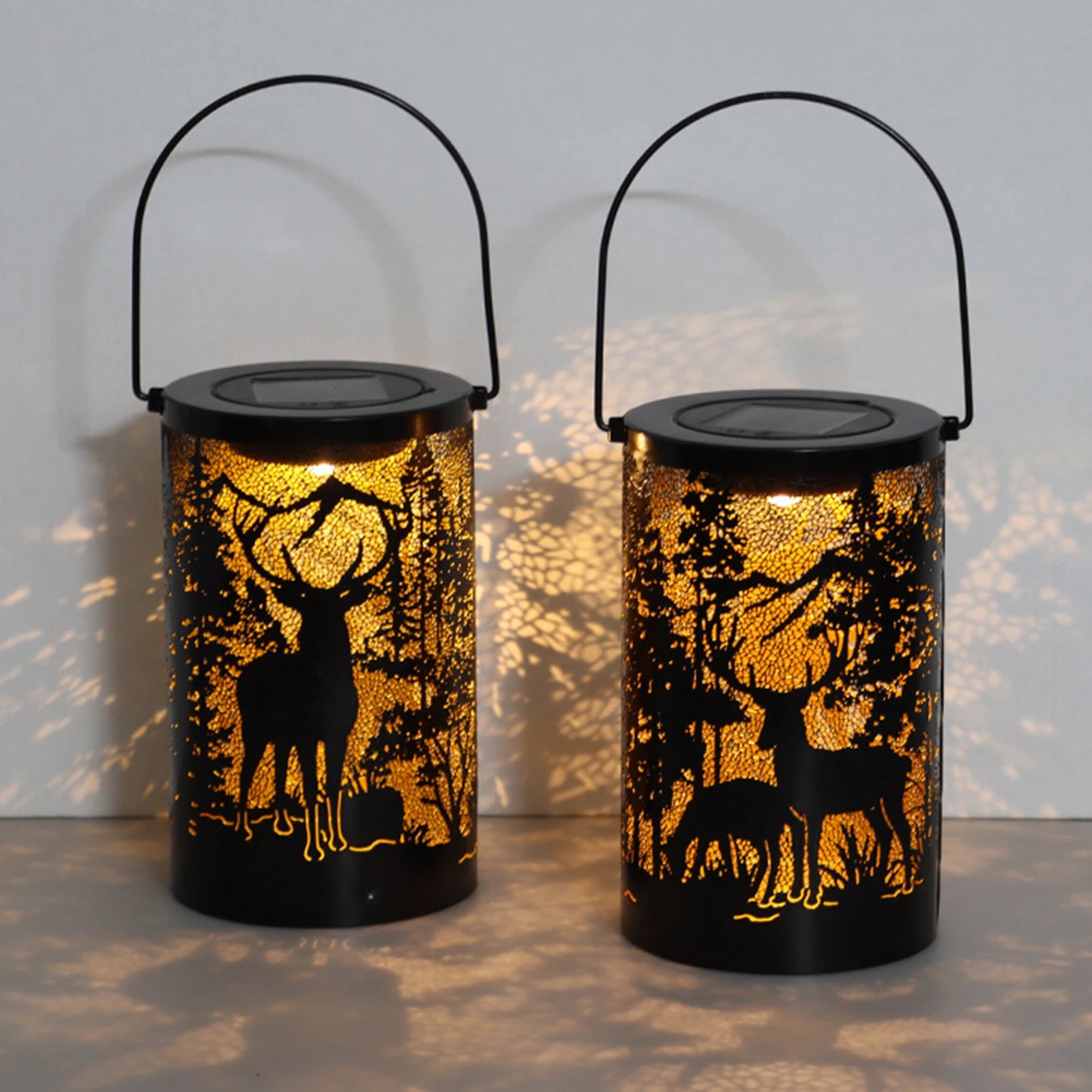 Solar Powered Deer Shaped Iron Lantern Outdoor Garden Decor with Etched Cutout Design Projection Light for Patio Yard Decoration Peaceful Pleasures Health and Wellness