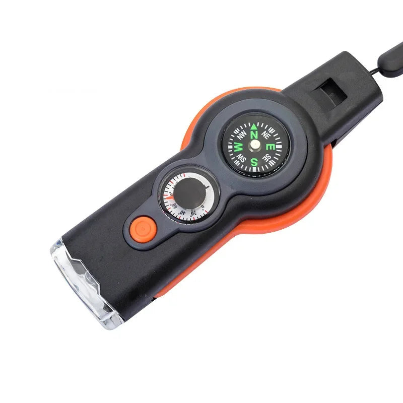 Outdoor 7-in-1 Multifunctional Whistle Survival Whistle with LED Light Thermometer Compass Reflector Magnifier Whistle Peaceful Pleasures Health and Wellness