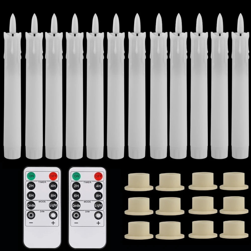 Pack of 6/12/24pc LED Flameless Flickering Taper Candles with Remote Ivory Candlesticks for Xmas Wedding Fireplace Decoration Peaceful Pleasures Health and Wellness 12pc white