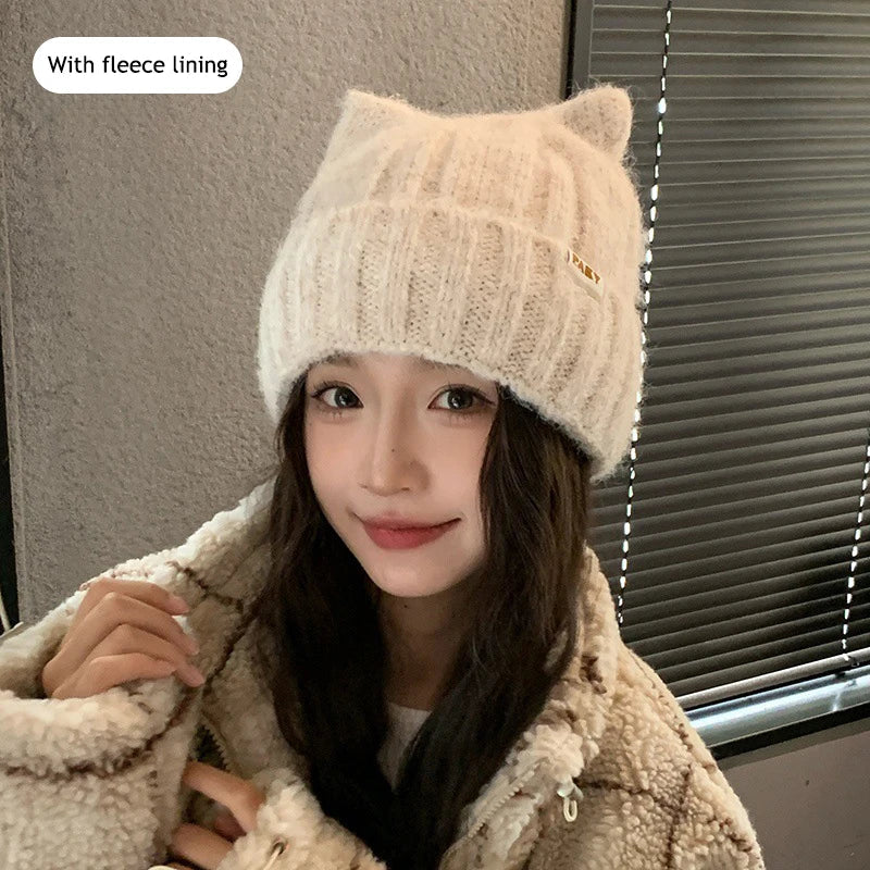 Cat Ear Knitted Beanie – Korean Style Winter Hat for Women