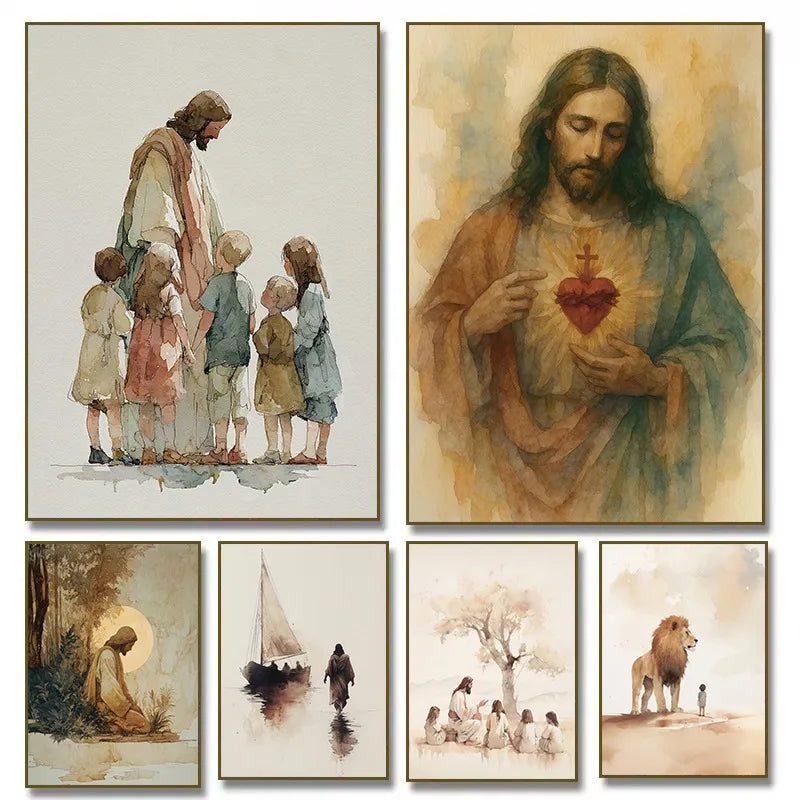 Retro Watercolor Jesus with Children Portrait Christian Religious Poster Canvas Painting Wall Art Pictures Home Decor Gift Peaceful Pleasures Health and Wellness
