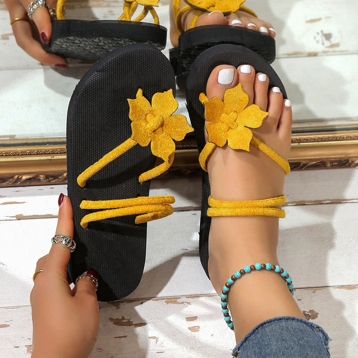 Women's Flower Flat Flip Flop Sandals | Comfortable Slide Slippers