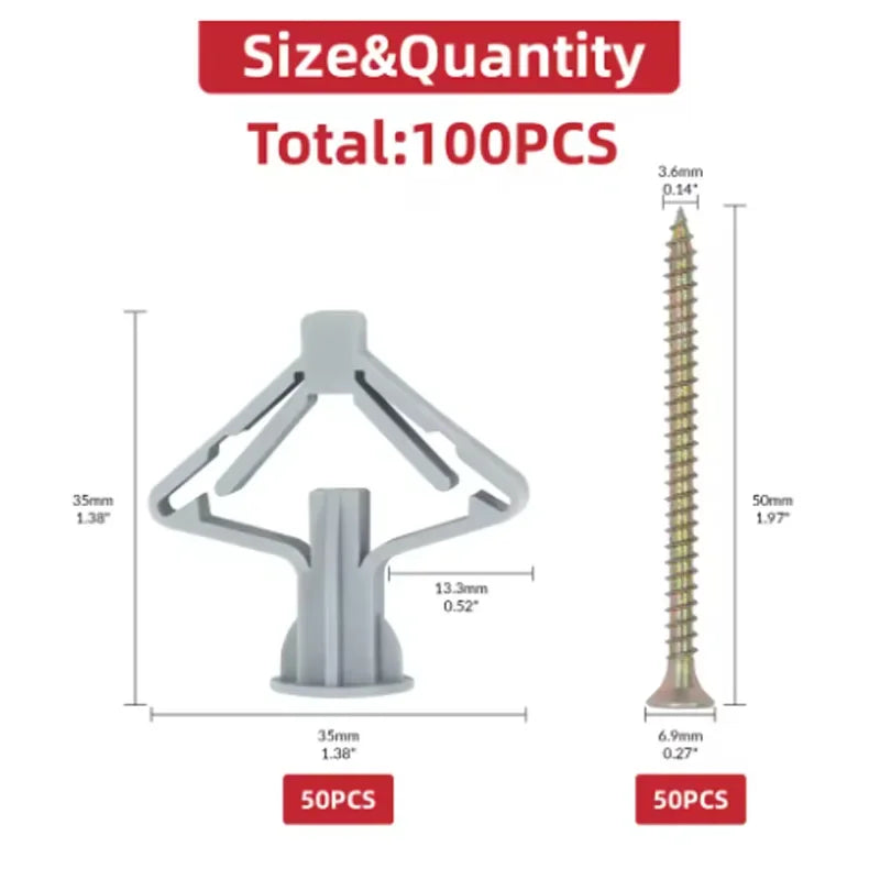 100pcs Drywall Anchor Kit Hollow Wall Anchors Plasterboard Plugs Screws Butterfly Expansion Tube Pipe 50 Set Peaceful Pleasures Health and Wellness
