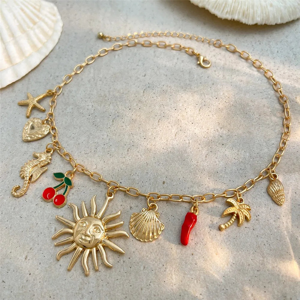 Vintage Enamel Cherry Necklace – Ocean Style Gold Pendant for Women