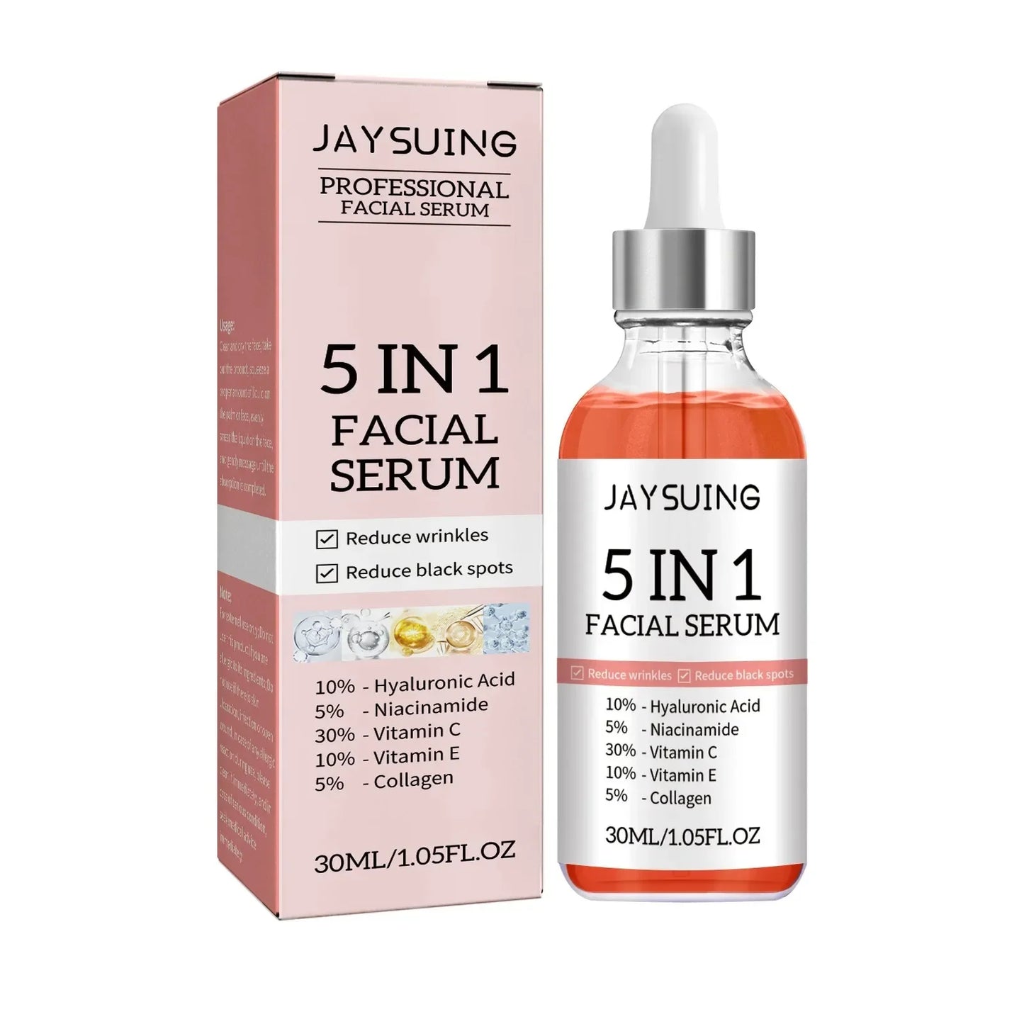 Jaysuing 5 In 1 Hyaluronic Acid Face Serum 30ml Moisturizing Vitamin C Collagen Lightning Facial Serum Shrink Pores Skin Care Peaceful Pleasures Health and Wellness 1pcs