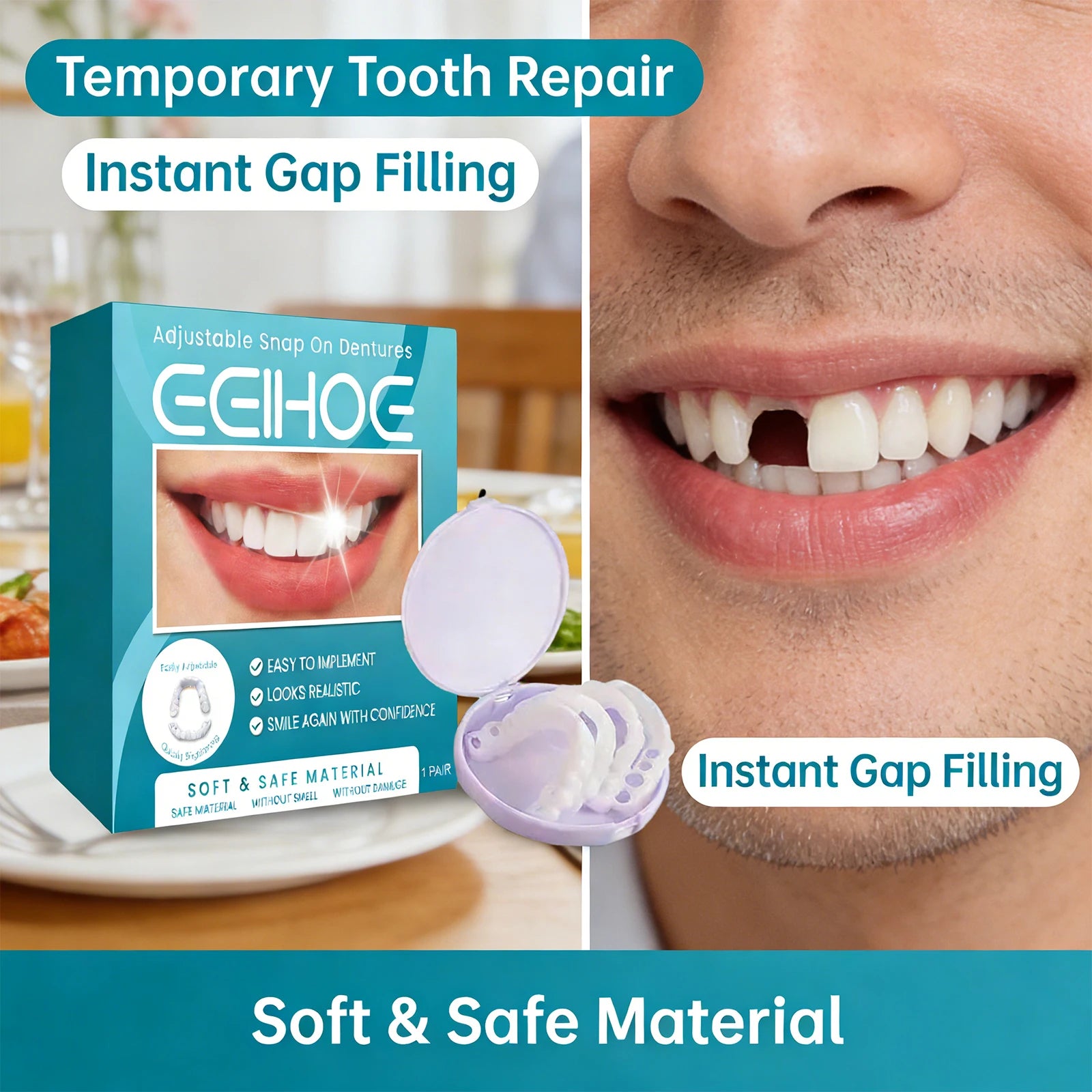 Adjustable Snap on Dentures Help Cover up Dirty Plaque Soft Comfortable Material Natural Tooth Color Adjustable Buckle Dentures Peaceful Pleasures Health and Wellness